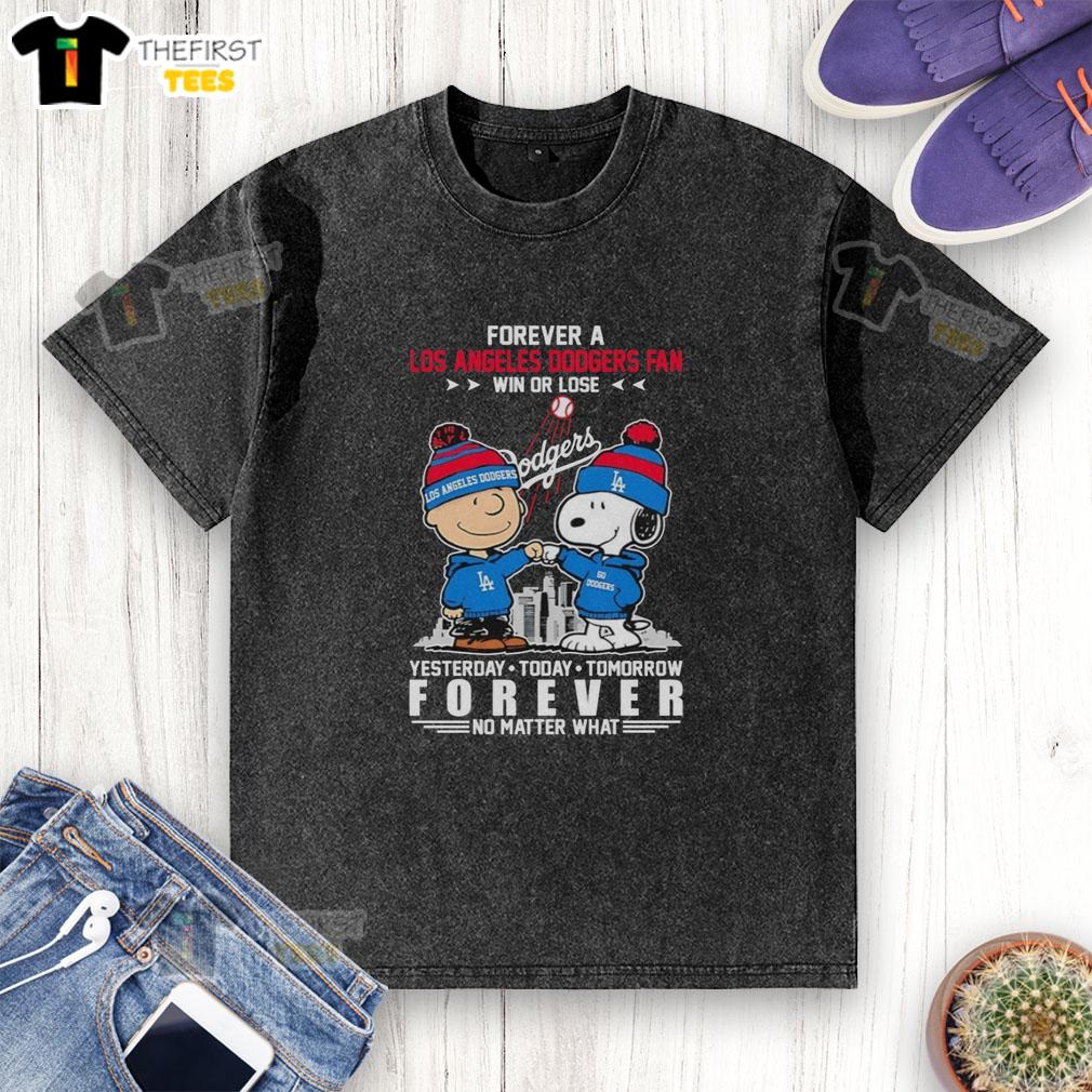 Charlie Brown and Snoopy fist bump in a 'Forever a Dodgers Fan' t-shirt, showcasing loyalty win or lose.