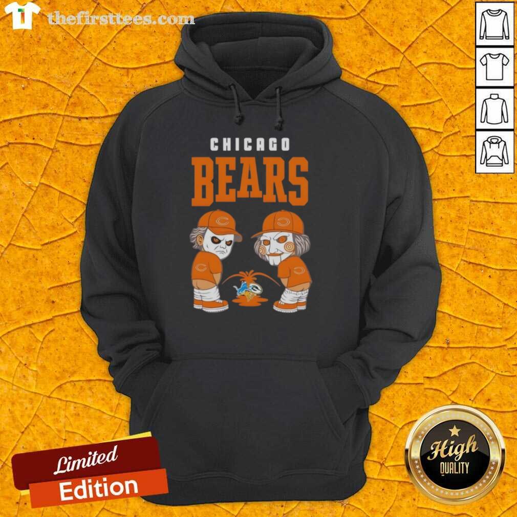 Top Chicago Bears X Michael Myers and Billy the Puppet hoodie featuring unique graphic design and fan merchandise.