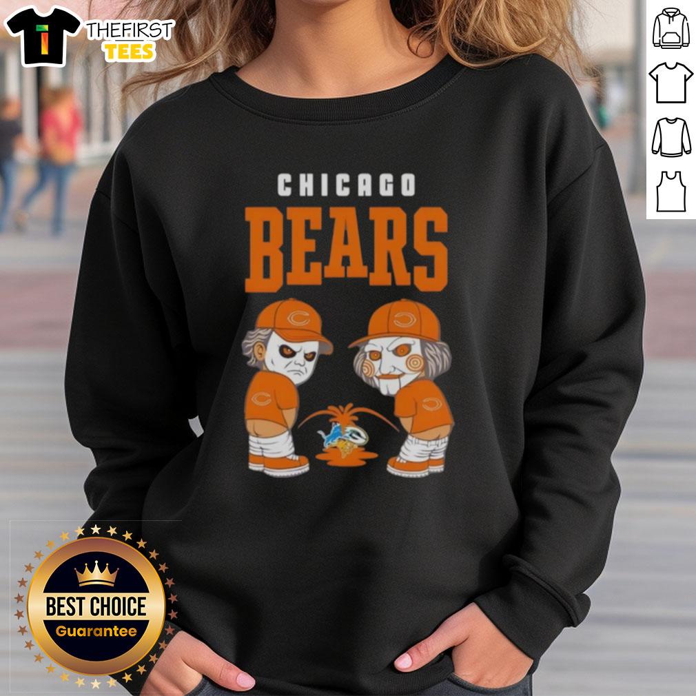 Chicago Bears X Michael Myers and Billy the Puppet sweatshirt featuring a unique graphic design for fans.