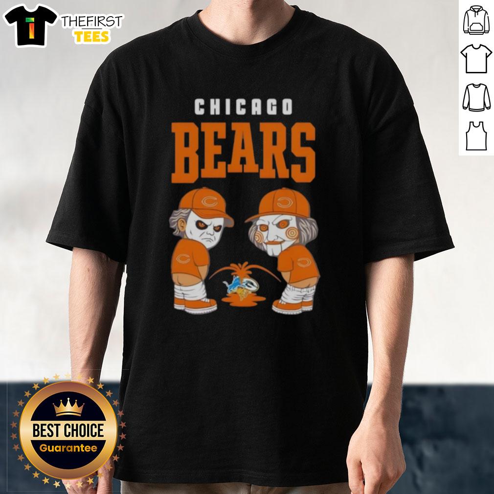Alt Text: Top Chicago Bears X Michael Myers and Billy The Puppet graphic t-shirt design featuring horror-themed artwork.