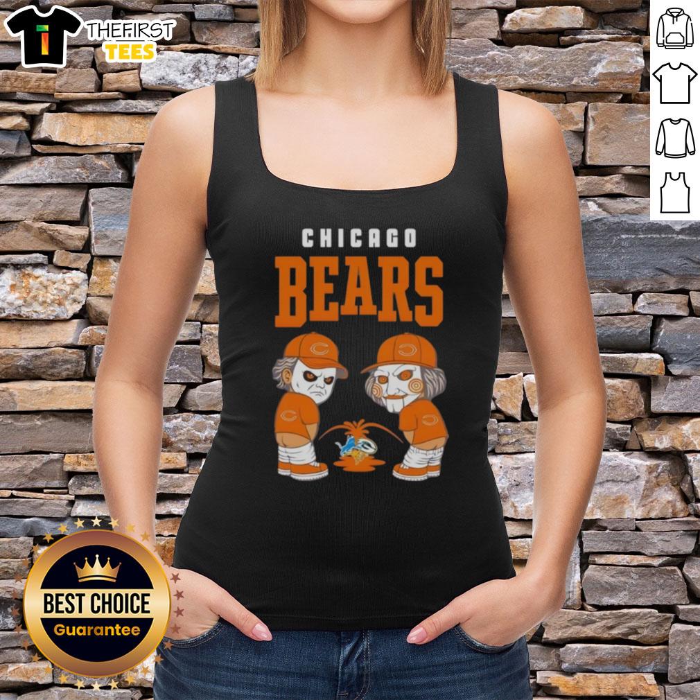 Top Chicago Bears X Michael Myers and Billy the Puppet graphic tank top featuring horror and sports fusion design.