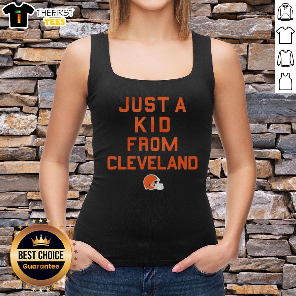 Alt Text: Cleveland Browns tank top featuring 'Just A Kid From Cleveland' design, perfect for fans and stylish summer wear.