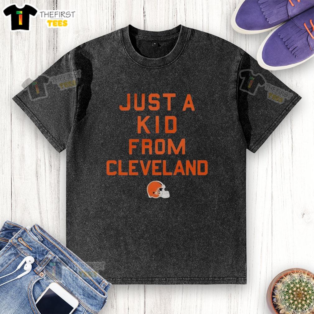 Cleveland Browns Just A Kid From Cleveland washed t-shirt, showcasing team pride and casual style for fans.