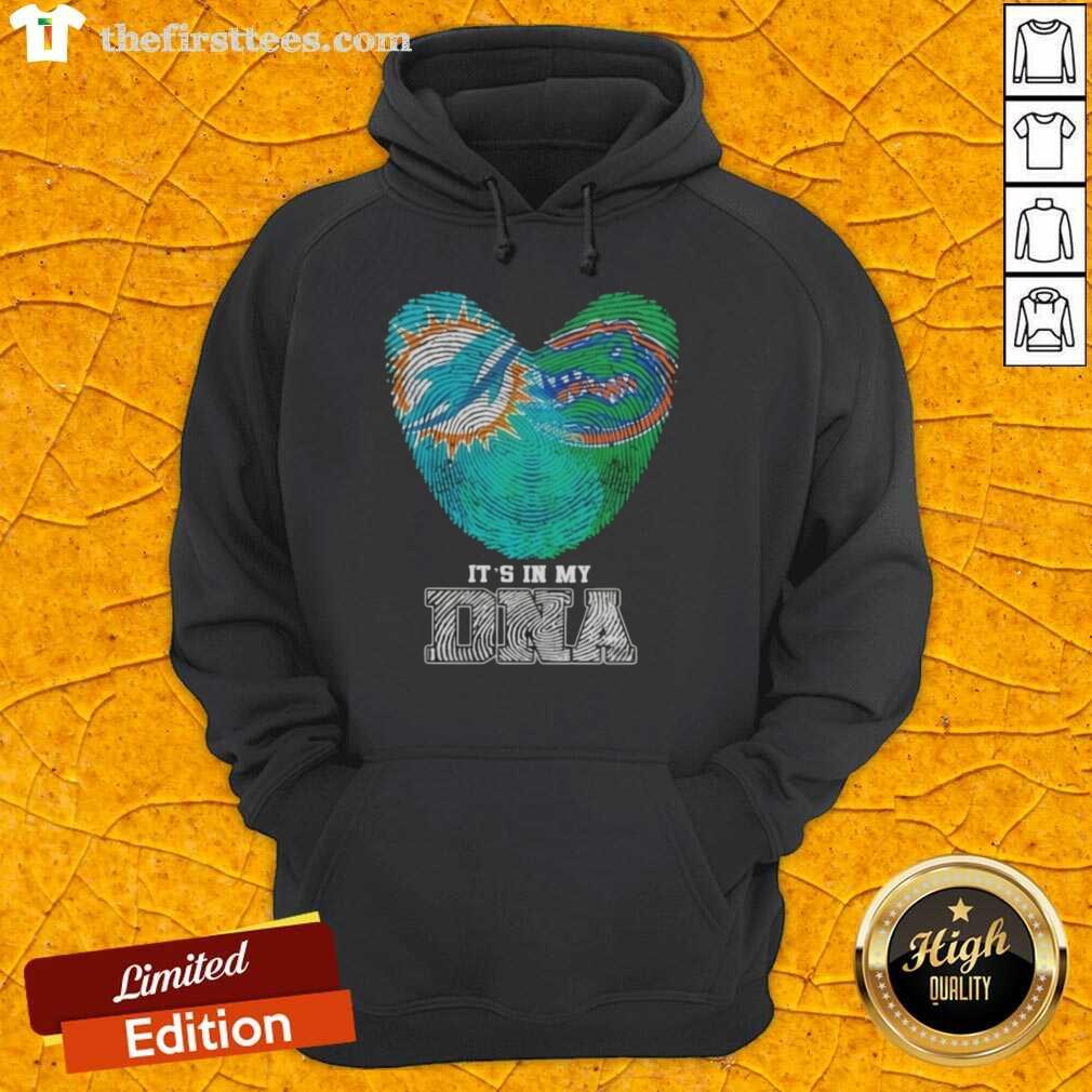 Miami Dolphins X Florida Gators hoodie featuring 'It's In My DNA' design with bold fingerprints pattern.
