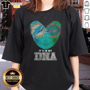 Miami Dolphins and Florida Gators women's tee featuring 'It's In My DNA' and top fingerprints design.