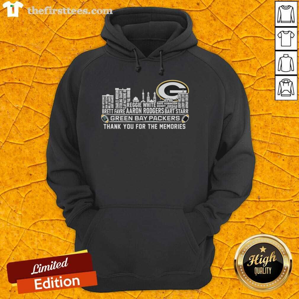 Green Bay Packers skyline hoodie featuring 'Thank You For The Memories' design, perfect for fans and collectors.