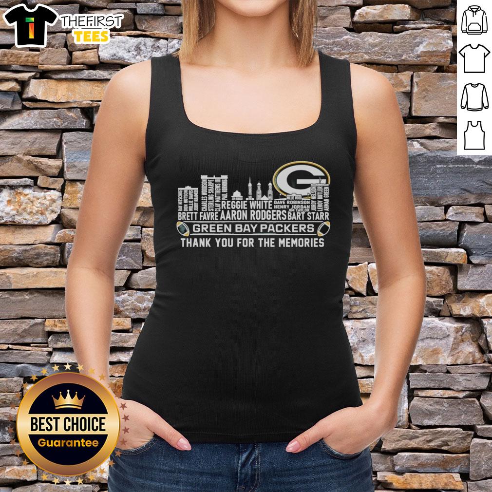Alt Text: Green Bay Packers skyline tank top featuring 'Thank You For The Memories' design, perfect for fans and game day.