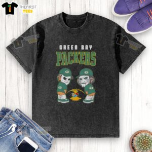 Alt Text: Top Green Bay Packers X Michael Myers and Billy the Puppet graphic on a washed t-shirt, perfect for fans and horror lovers.