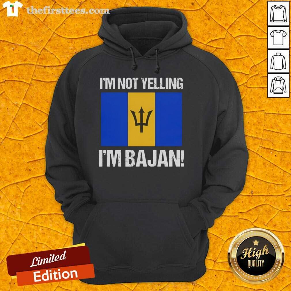 Top Im Not Yelling Im Bajan Flag Hoodie featuring vibrant Barbados flag design, perfect for proud Bajan culture enthusiasts.