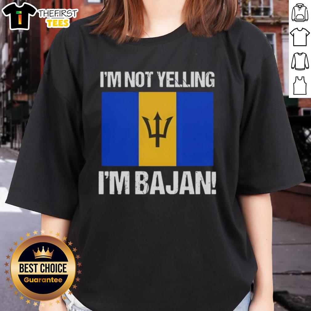 Alt Text: Bajan flag ladies tee featuring the phrase 'I'm Not Yelling, I'm Bajan' in vibrant colors, perfect for casual wear.