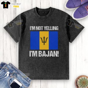 Alt Text: Top I'm Not Yelling I'm Bajan Flag Washed T-Shirt showcasing a vibrant Bajan flag design on a stylish tee.