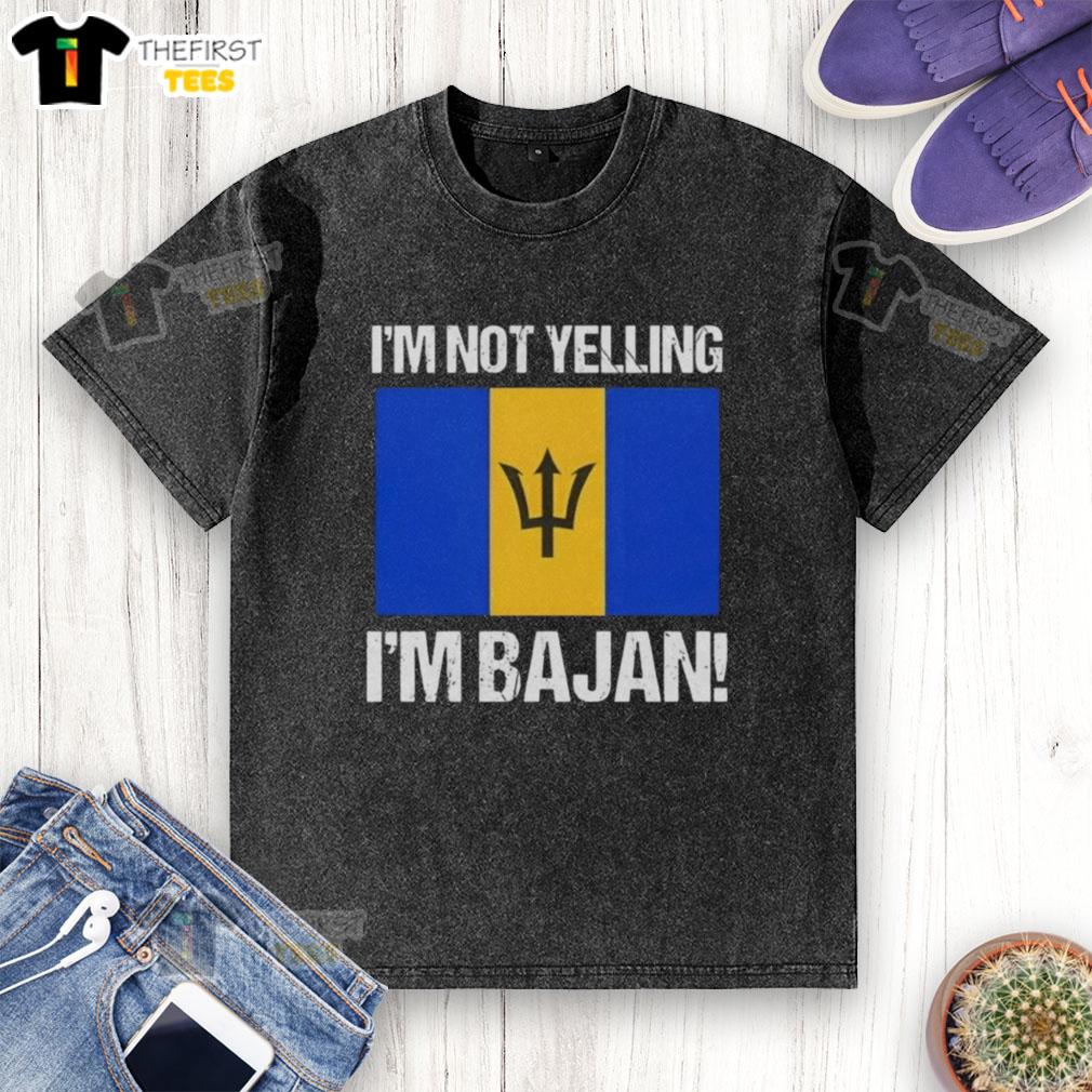 Alt Text: Top I'm Not Yelling I'm Bajan Flag Washed T-Shirt showcasing a vibrant Bajan flag design on a stylish tee.