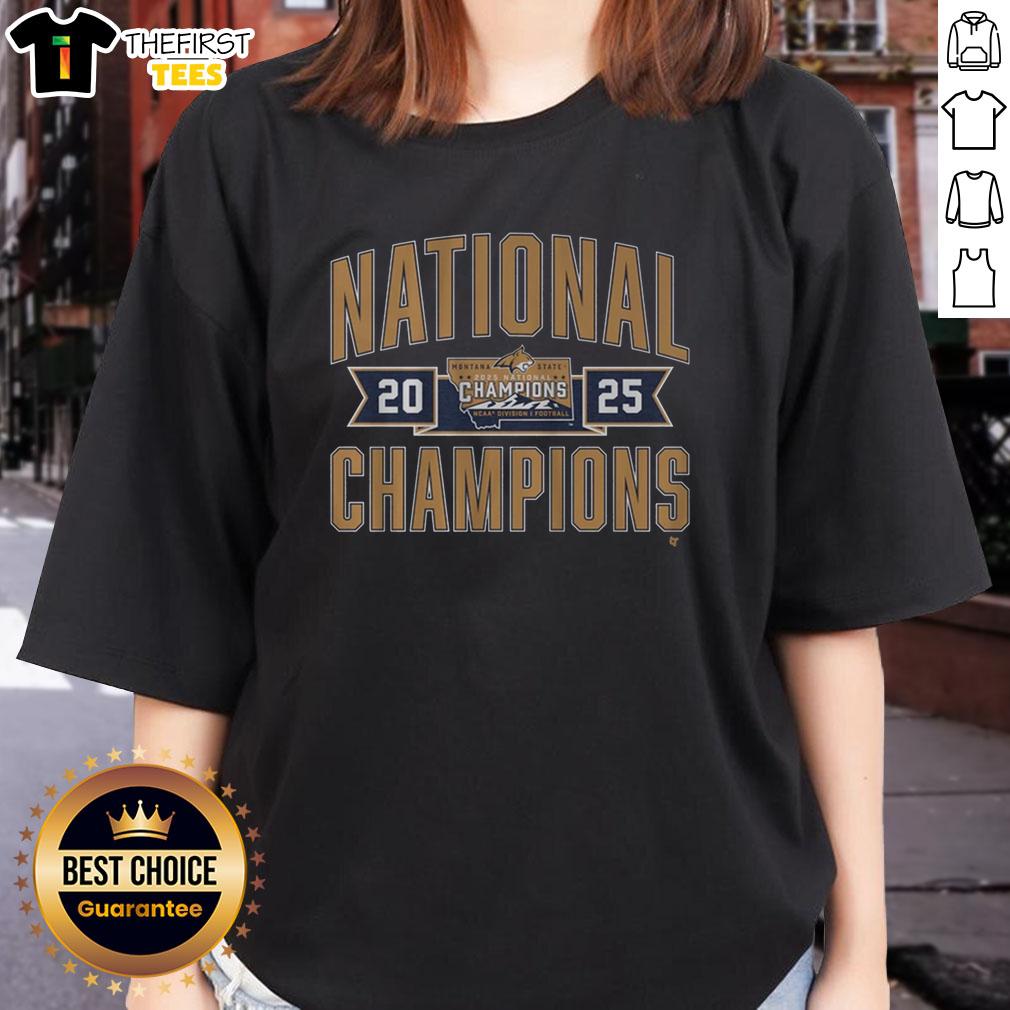 Top Montana State Football 2025 FCS Champions ladies tee in navy blue, showcasing team spirit and style.