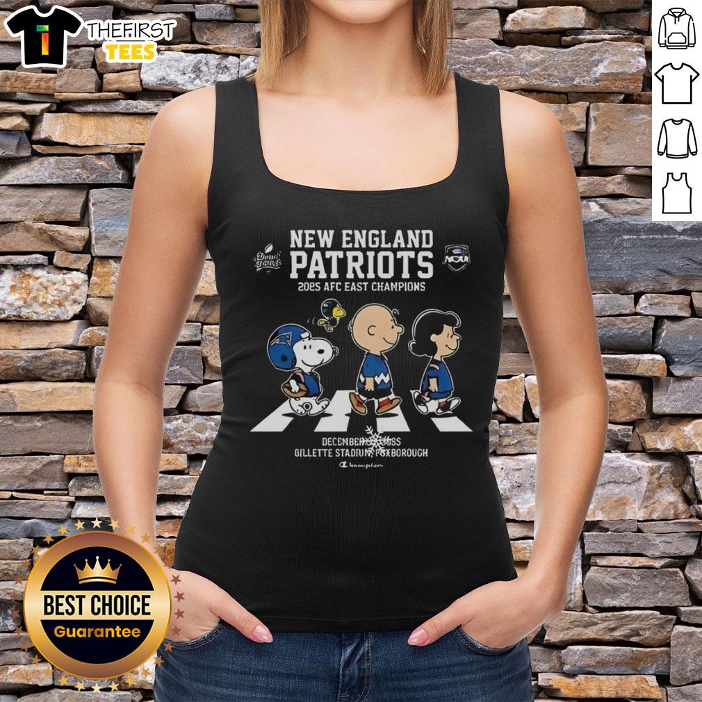 Alt Text: Top New England Patriots 2025 AFC East Champions tank top featuring Snoopy and Peanuts on Abbey Road design.