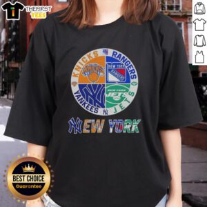 Alt Text: Top New York City Sports logo collage featuring Knicks, Rangers, Jets, and Yankees on a ladies tee.
