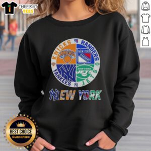 Top New York City Sports Knicks, Rangers, Jets, and Yankees logos on a trendy combine sweatshirt design.