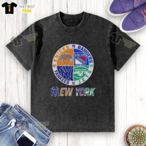 Alt Text: Top New York City sports logos on a combined washed t-shirt featuring Knicks, Rangers, Jets, and Yankees.