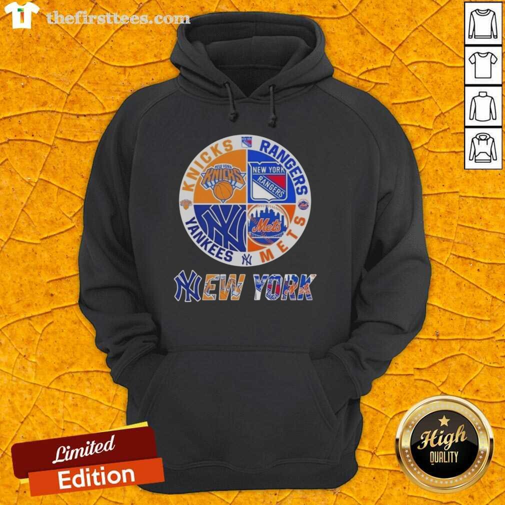 Top New York City Sports Knicks Rangers Mets Yankees logos combine hoodie design featuring iconic team emblems.
