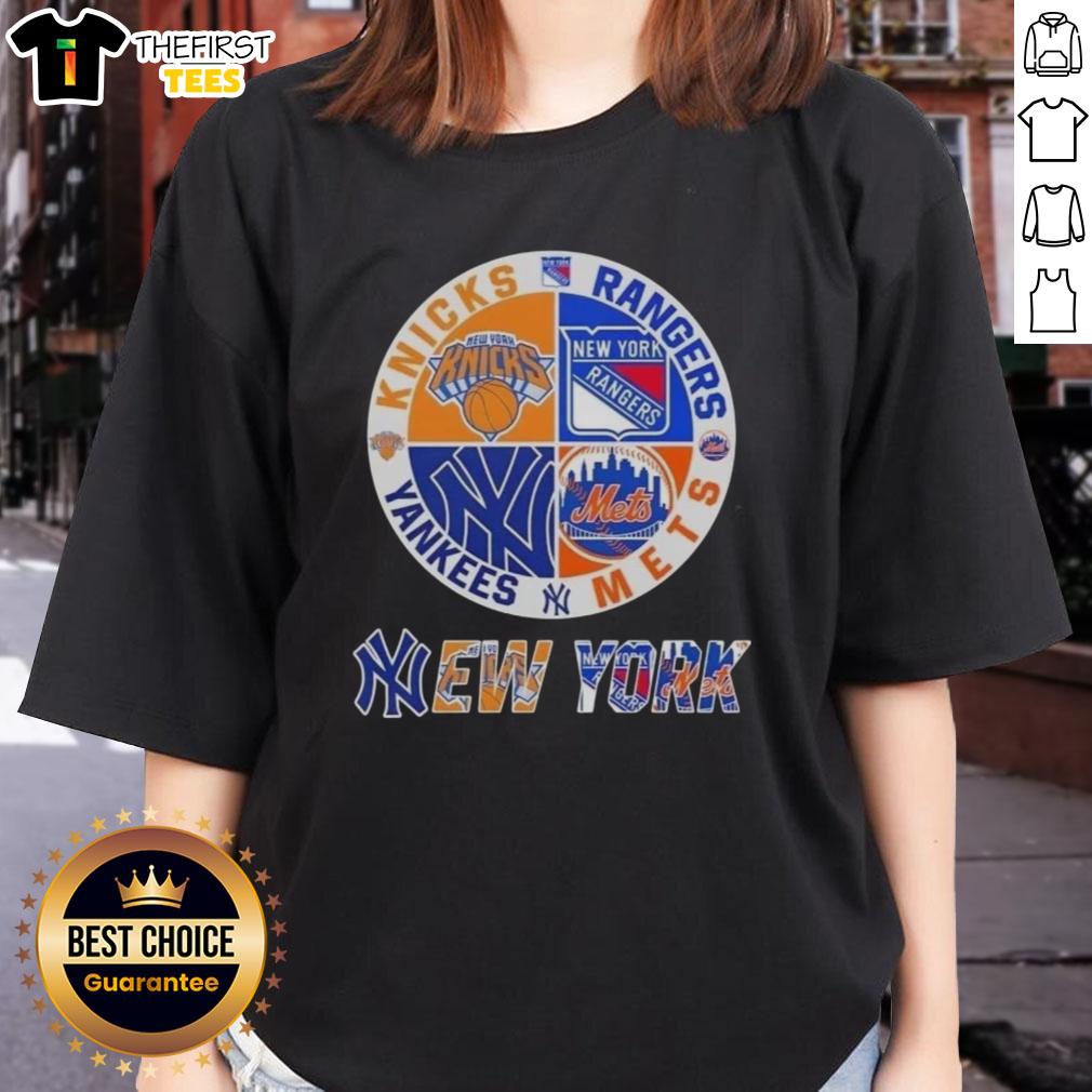 Top New York City sports logos combined on a ladies tee featuring Knicks, Rangers, Mets, and Yankees designs.