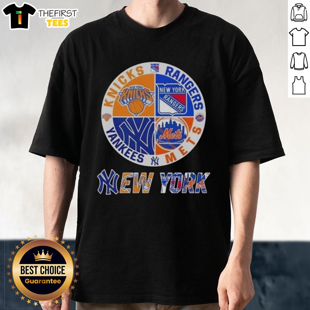 Alt Text: Top New York City Sports Knicks Rangers Mets Yankees logos on a stylish combine t-shirt for sports fans.