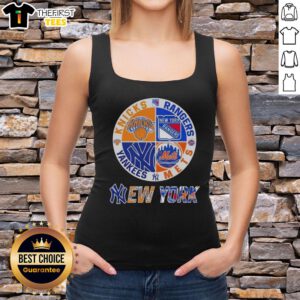 Stylish tank top featuring combined logos of Knicks, Rangers, Mets, and Yankees, perfect for NYC sports fans.