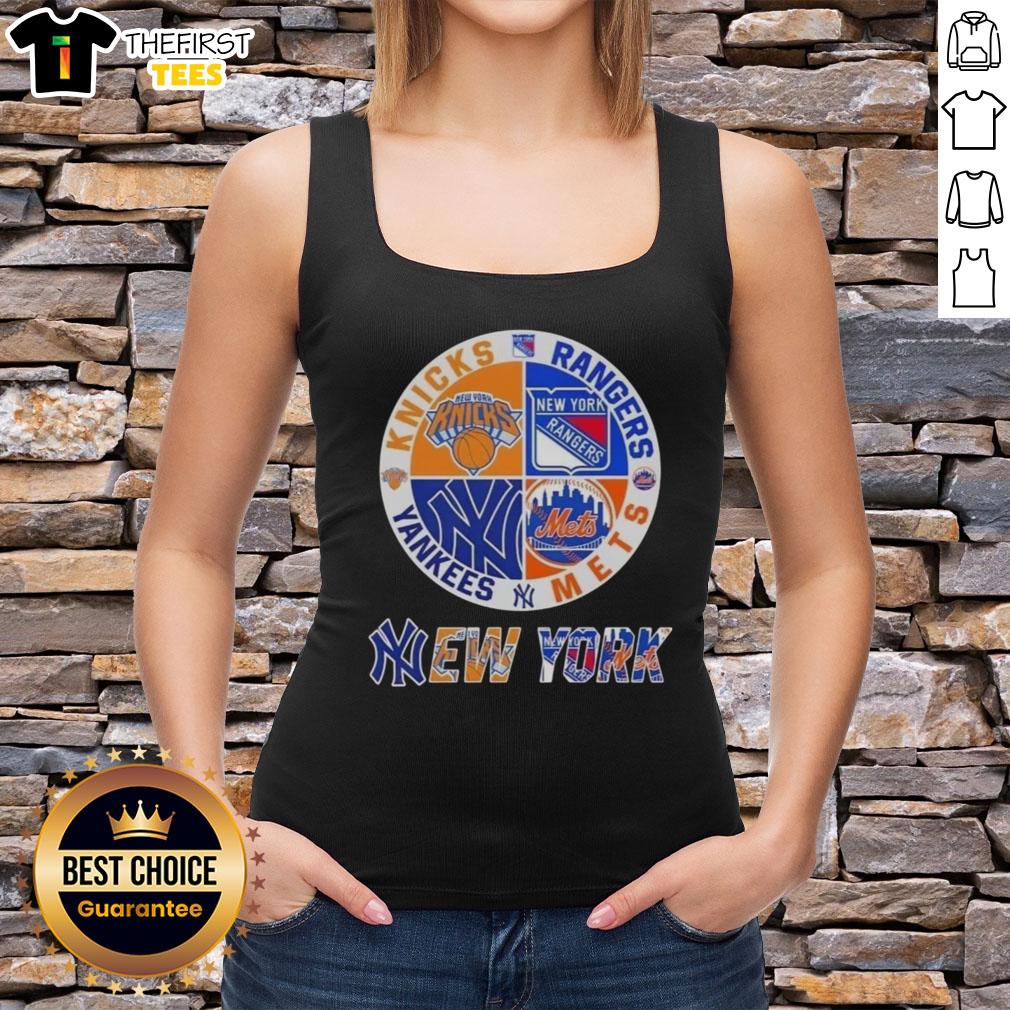 Stylish tank top featuring combined logos of Knicks, Rangers, Mets, and Yankees, perfect for NYC sports fans.