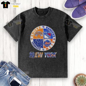 Top New York City Sports Knicks, Rangers, Mets, Yankees logos combined on a washed t-shirt for fans.