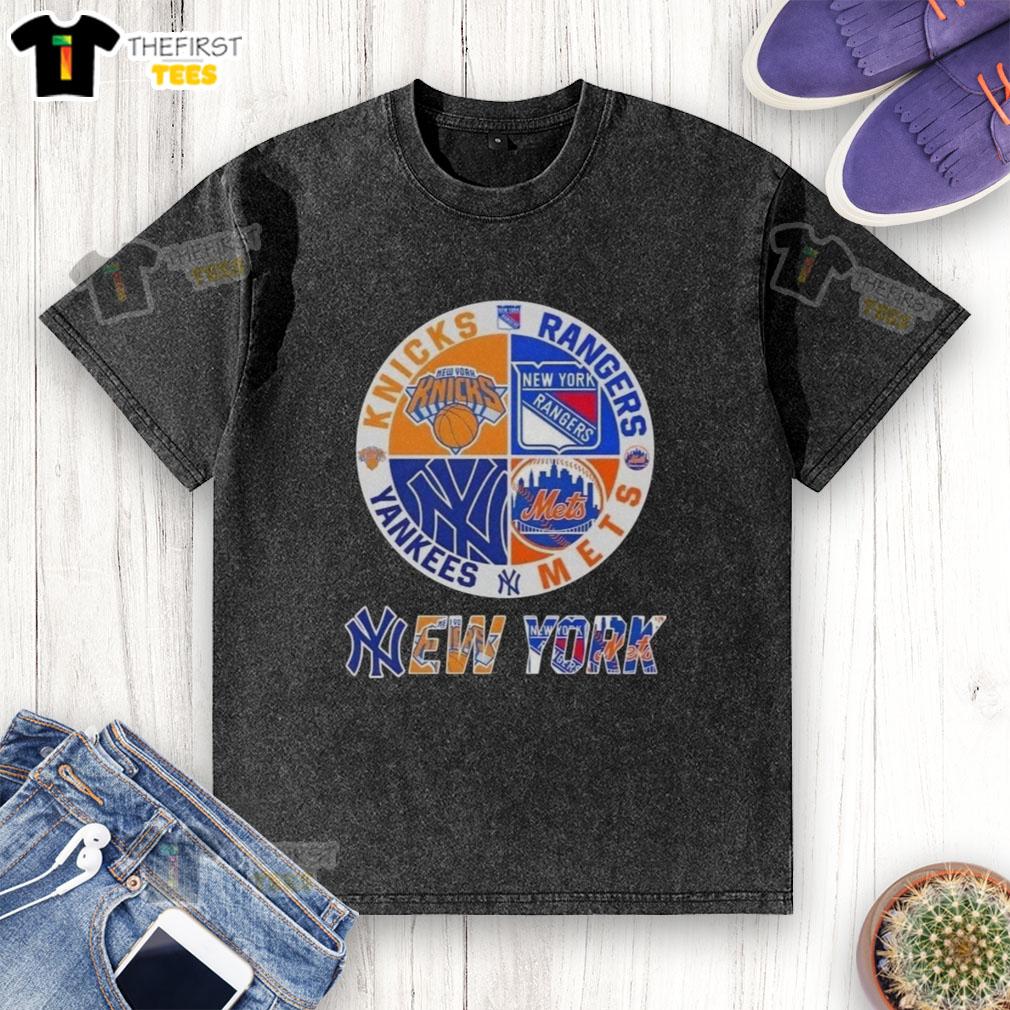 Top New York City Sports Knicks, Rangers, Mets, Yankees logos combined on a washed t-shirt for fans.