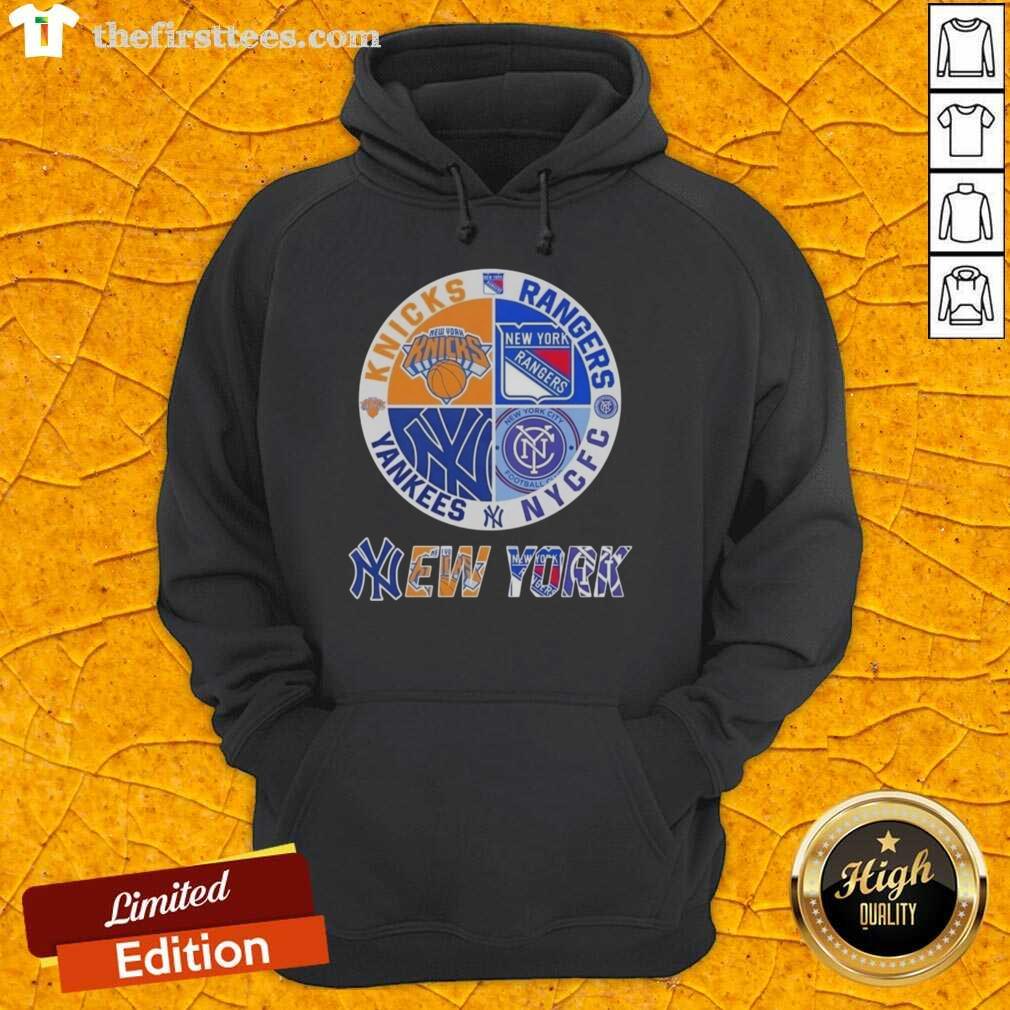Alt Text: Top New York City sports hoodie featuring Knicks, Rangers, NYC FC, and Yankees logos in a stylish design.