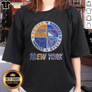 Alt Text: Top New York City sports logos combined on a ladies tee featuring Knicks, Rangers, NYC FC, and Yankees.