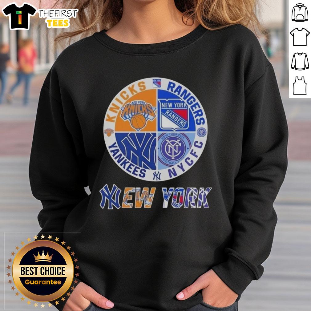 Top New York City sports logos sweatshirt featuring Knicks, Rangers, NYC FC, and Yankees designs for fans.
