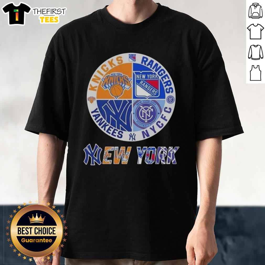 Top New York City sports t-shirt featuring Knicks, Rangers, NYC FC, and Yankees logos for fans of NYC teams.