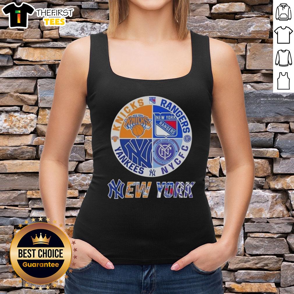 Top New York City Sports tank top featuring Knicks, Rangers, NYC FC, and Yankees logos in vibrant colors.