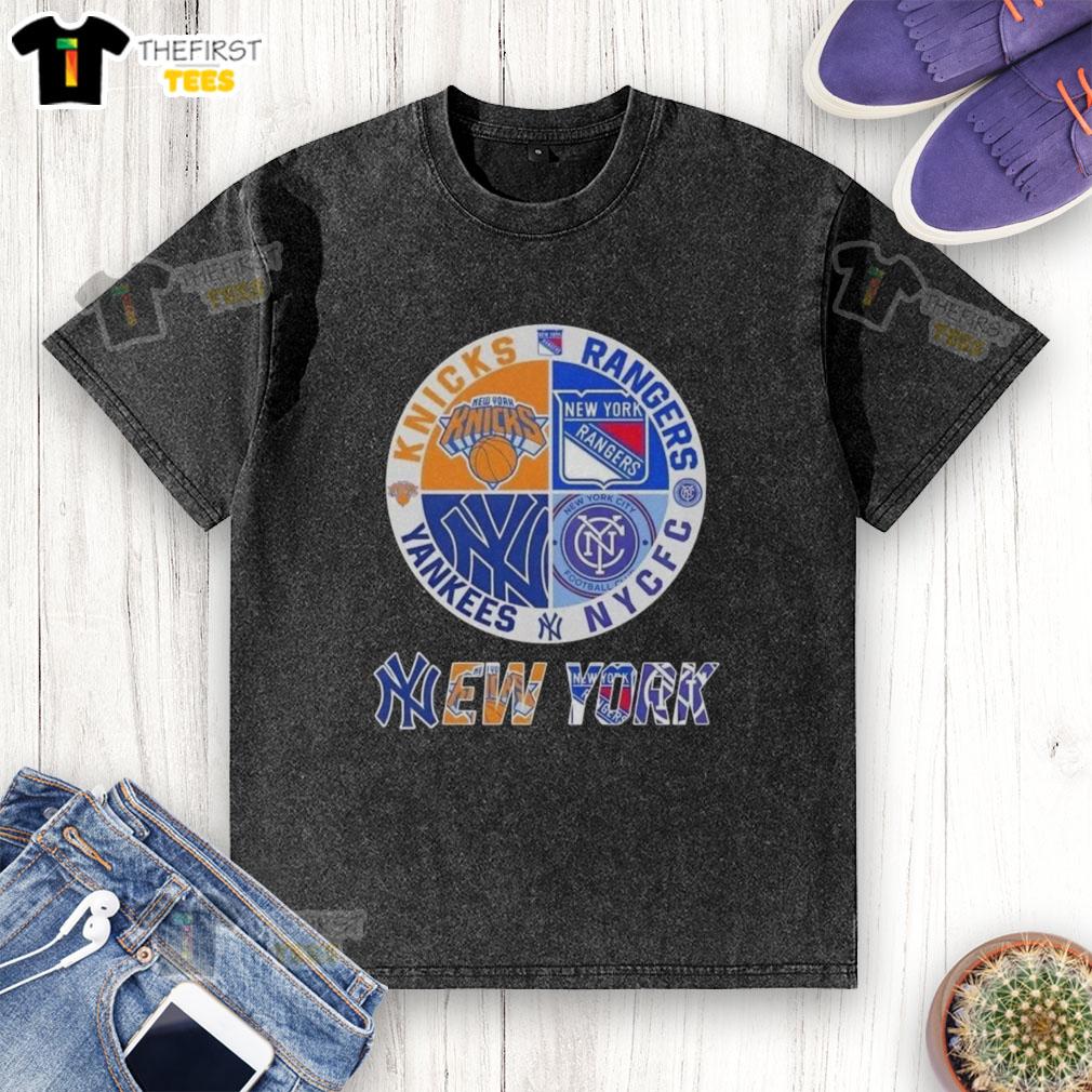 Top New York City sports logos on a washed t-shirt: Knicks, Rangers, NYC FC, and Yankees for NYC sports fans.