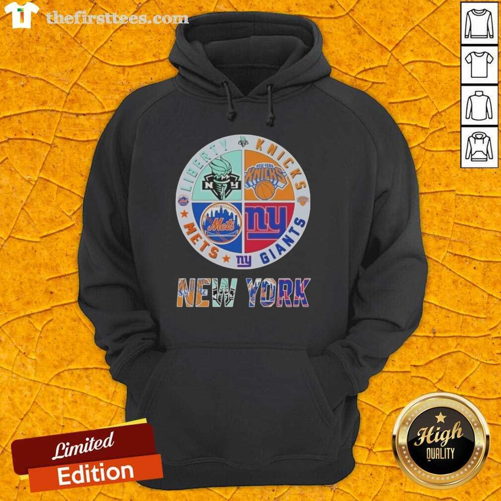 Top New York City sports hoodie featuring Liberty, Knicks, Giants, and Mets logos in a stylish design.