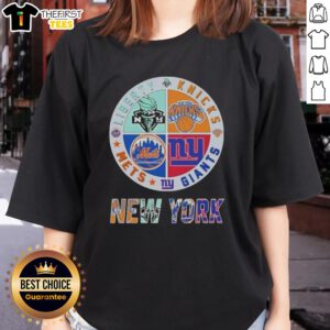 Top New York City sports logos: Liberty, Knicks, Giants, and Mets on a stylish ladies' tee shirt.