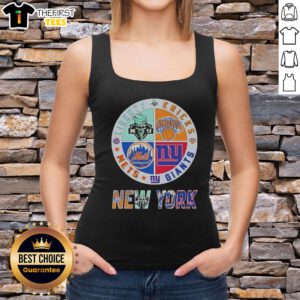 Alt Text: Top New York City sports tank top featuring logos of the Liberty, Knicks, Giants, and Mets in vibrant colors.