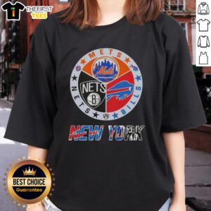 Top New York City sports logos including Mets, Bills, and Nets on a ladies tee, perfect for passionate fans.