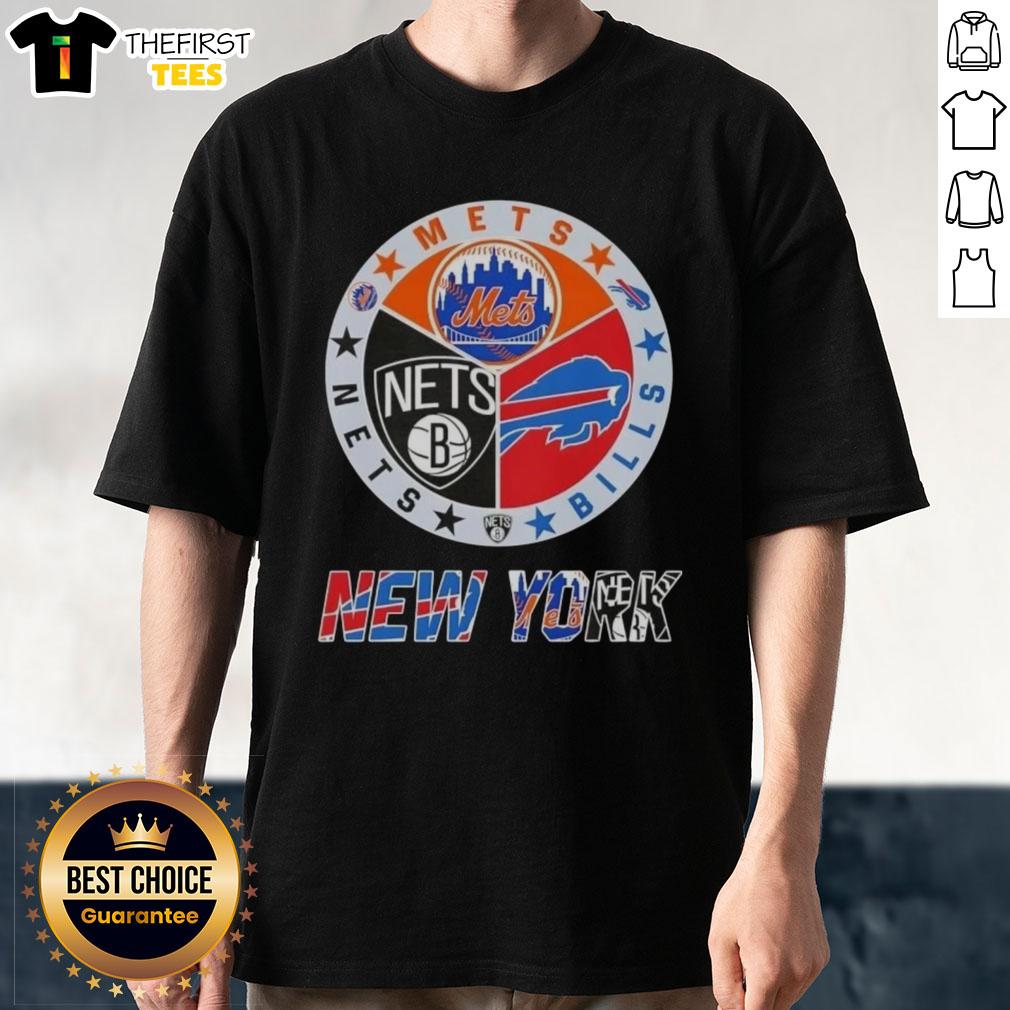 Alt Text: Top New York City Sports Mets Bills Nets logos on a stylish combine t-shirt for fans.