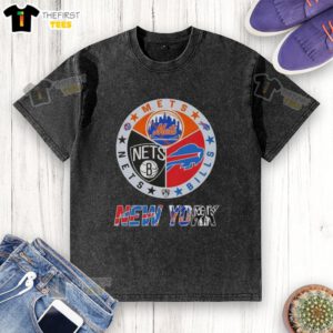 Alt Text: Top New York City sports logos on a washed T-shirt: Mets, Bills, and Nets for fans of NYC teams.