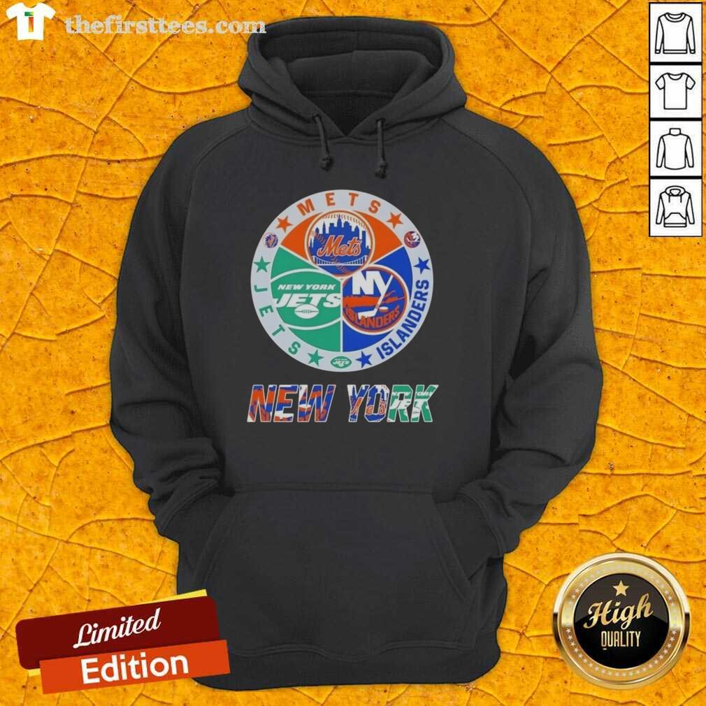Top New York City Sports hoodie featuring Mets, Islanders, and Jets logos, perfect for fans of NYC sports teams.