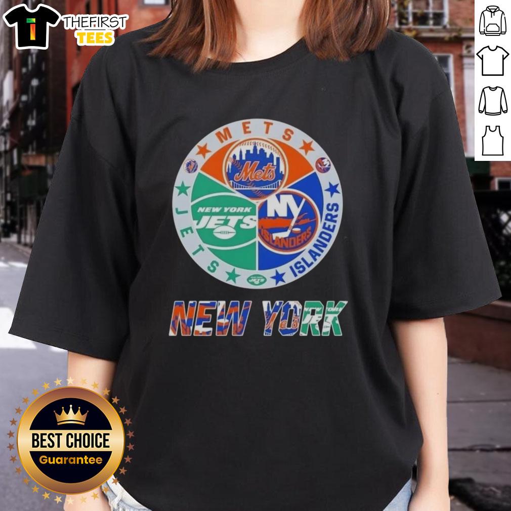 Alt Text: Top New York City sports logos on a ladies tee featuring Mets, Islanders, and Jets designs for fans.