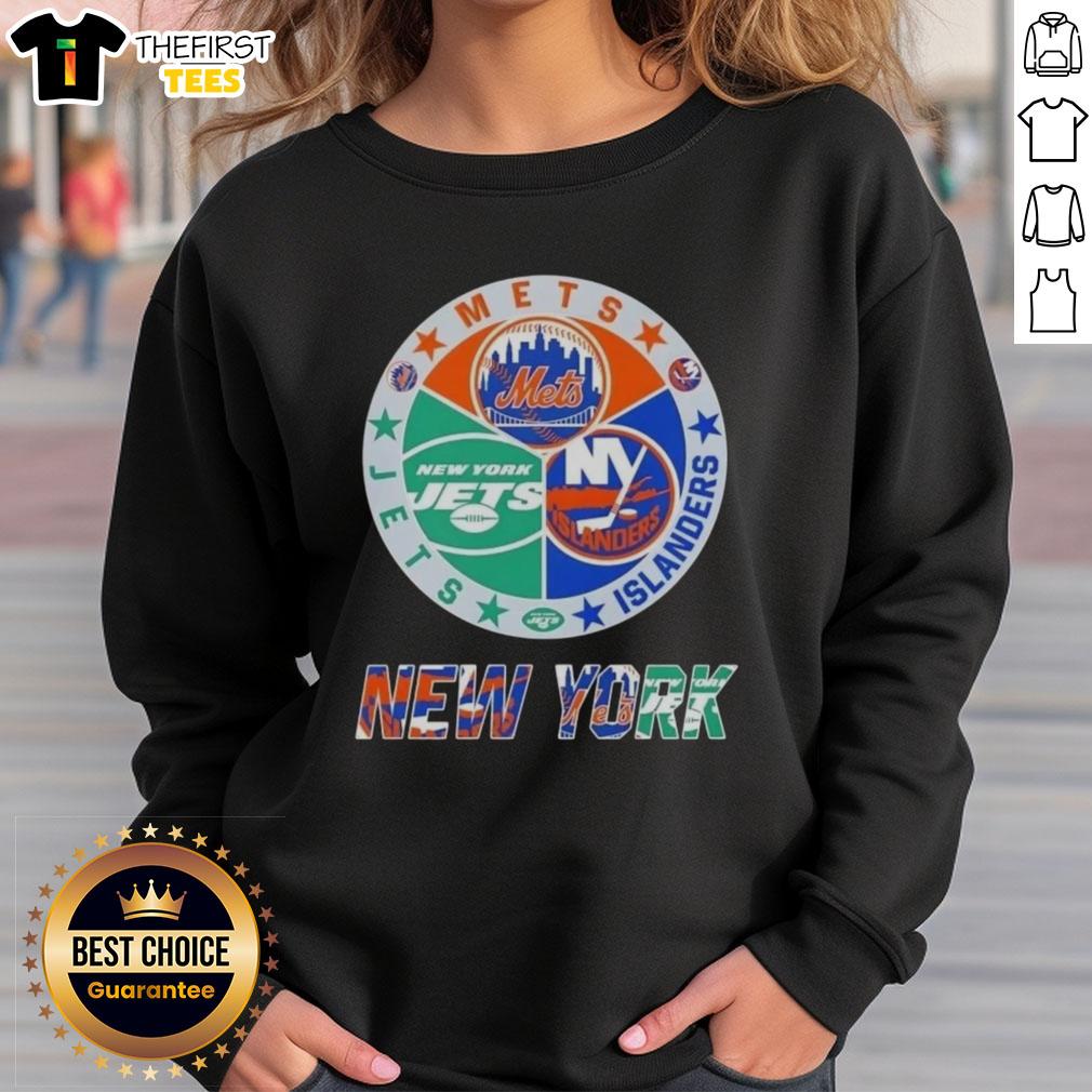 Alt Text: Stylish combine sweatshirt featuring logos of New York Mets, Islanders, and Jets for sports fans in NYC.