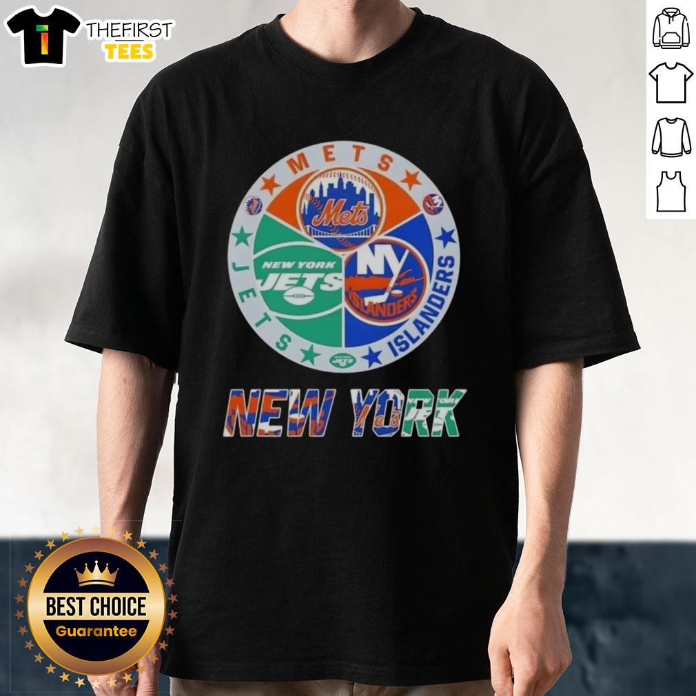 Top New York City Sports Mets Islanders Jets Logos Combine T-Shirt featuring iconic team logos in vibrant colors.
