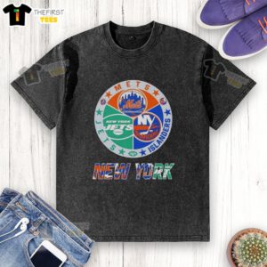 Alt Text: Top New York City sports logos: Mets, Islanders, Jets combined on a stylish washed t-shirt design.