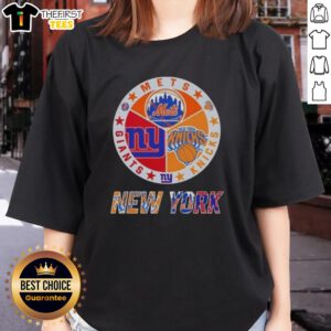 Top New York City Sports logos for Mets, Knicks, and Giants featured on a stylish ladies' tee shirt.