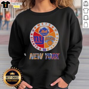 Alt Text: Top New York City Sports sweatshirt featuring Mets, Knicks, and Giants logos for fans of NYC teams.