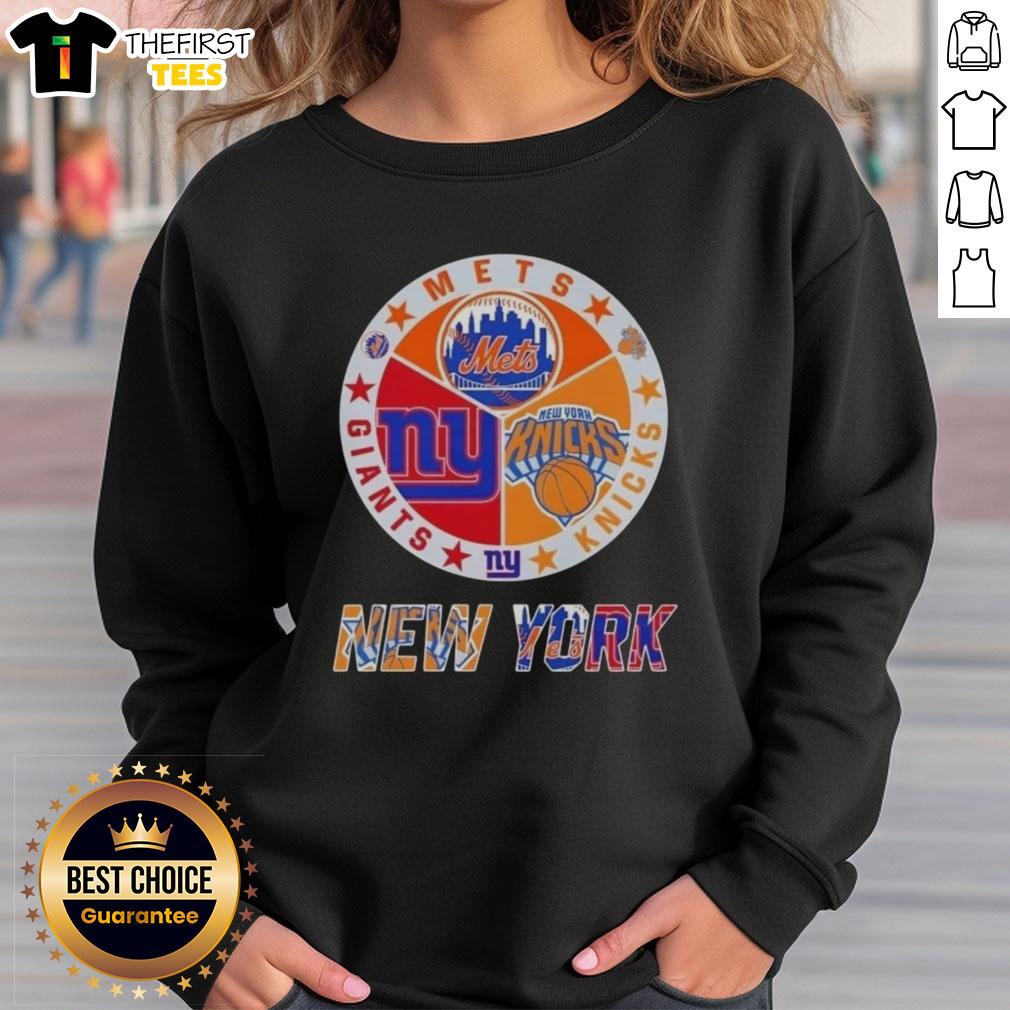 Alt Text: Top New York City Sports sweatshirt featuring Mets, Knicks, and Giants logos for fans of NYC teams.