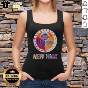 Alt Text: Top New York City Sports logos on a tank top: Mets, Knicks, and Giants for passionate fans and trendy style.