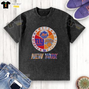 Top New York City sports logos for Mets, Knicks, and Giants on a combined washed t-shirt design.
